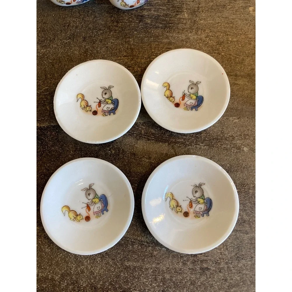 Vintage Miniature Porcelain Tea Set Bunny Squirrel Knitting Made in‎ Japan 8pc